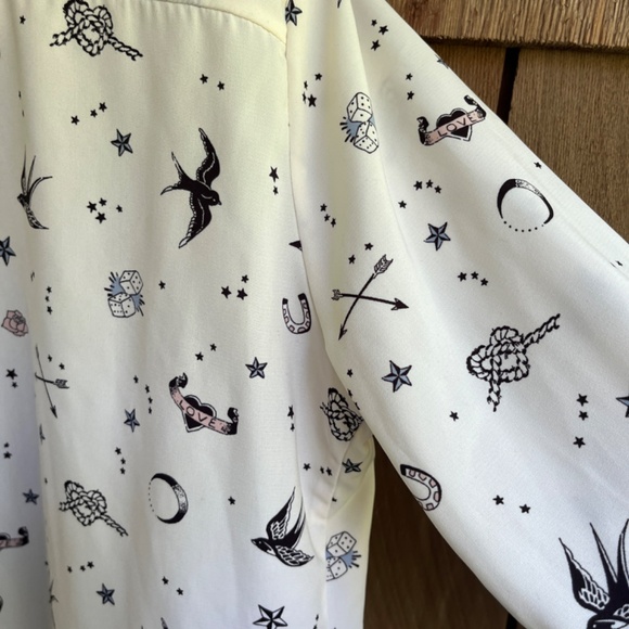 River Island Love Hearts Bierds Print Blouse 18( L ) Contrast Trim Long Sleeves - Picture 16 of 16